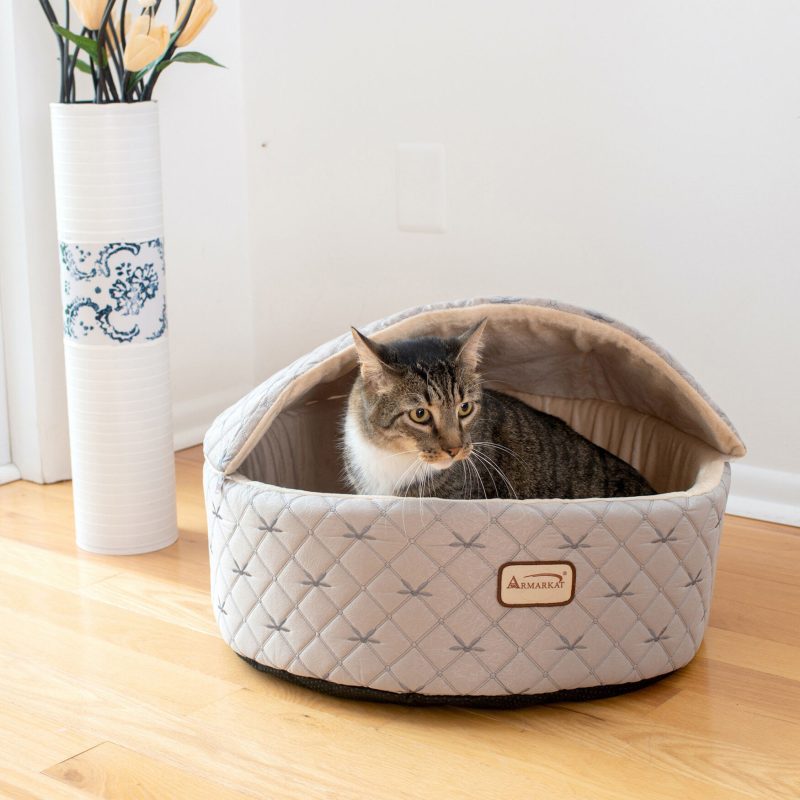 Armarkat Cuddle Cave Cat Bed, Medium, Pale Silver and Beige