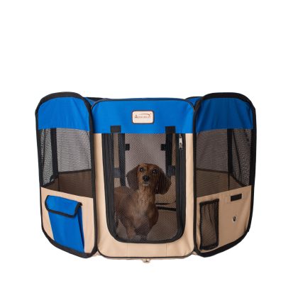 Armarkat Portable Pet Dog Kitten Playpen In Blue And Beige Combo