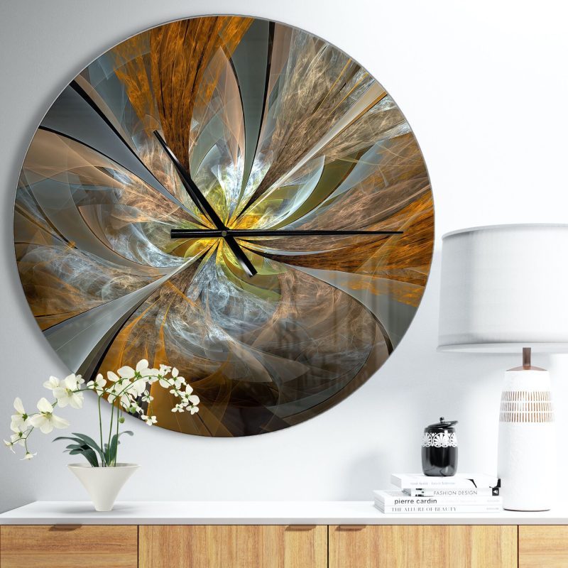 Designart Symmetrical Yellow Fractal Flower Modern Wall Clock