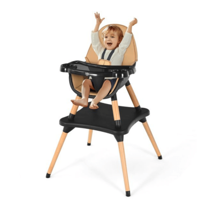 Costway Babyjoy 5-in-1 Baby High Chair Infant Wooden Convertible Chair, 5-Point Seat Belt, Coffee