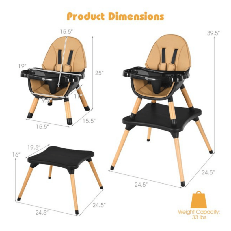 Costway Babyjoy 5-in-1 Baby High Chair Infant Wooden Convertible Chair, 5-Point Seat Belt, Coffee