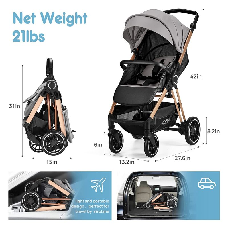 Heao 2-in-1 Compact Travel Stroller with Mom Bag, Pushchair with Foot Cover, Extra Large Storage, Grey