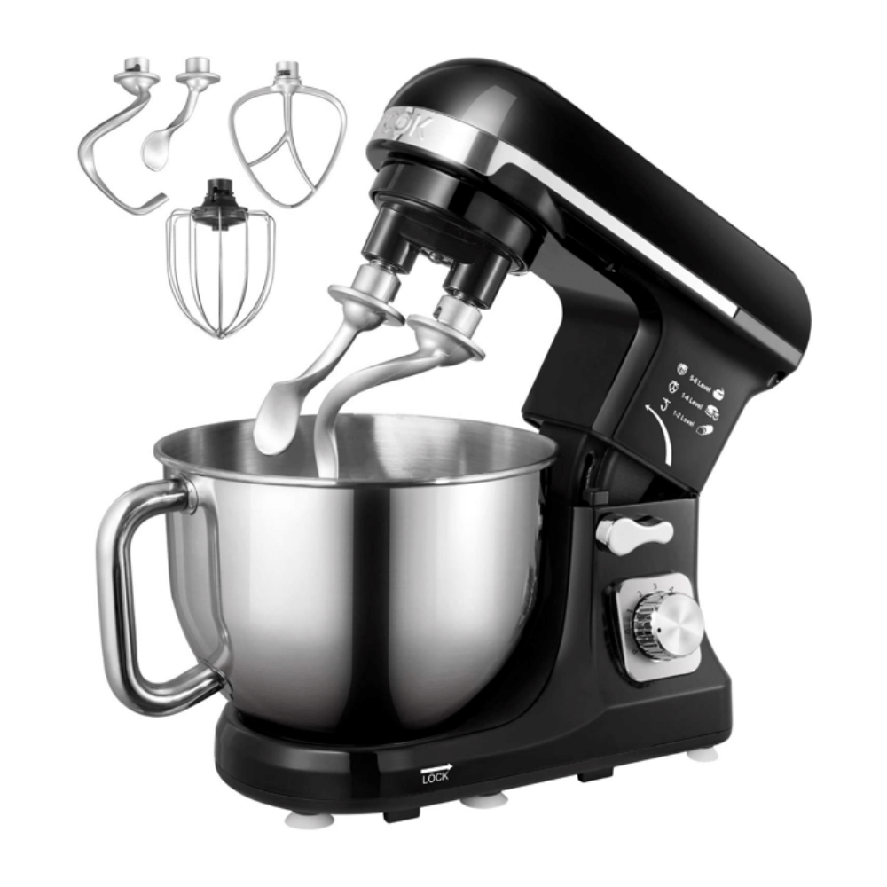 Aicok MK37 Stand Mixer with Double Hook, 6 Speeds, 5.5Qt Stainless Steel Bowl, Black