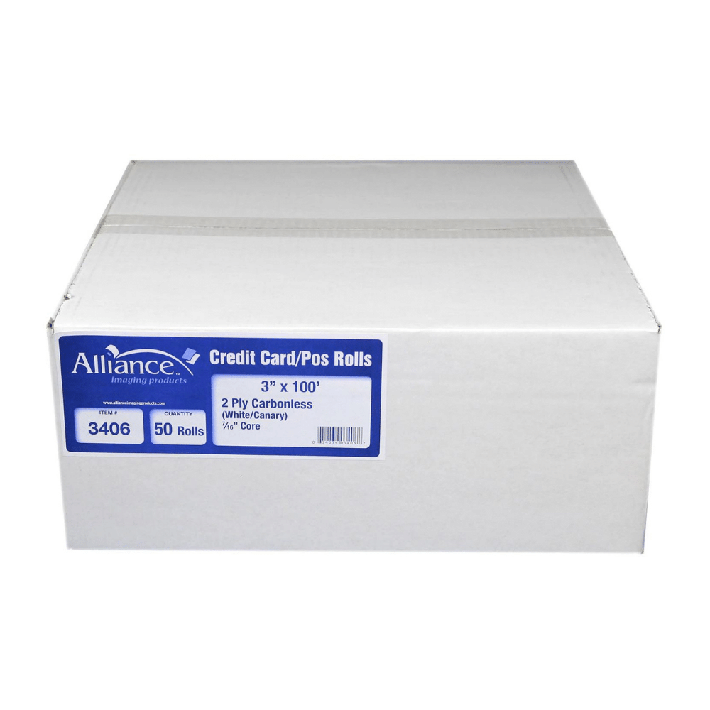 Alliance 2-Ply Carbonless Receipt Rolls, 3"x100', White/Canary, 50 Rolls