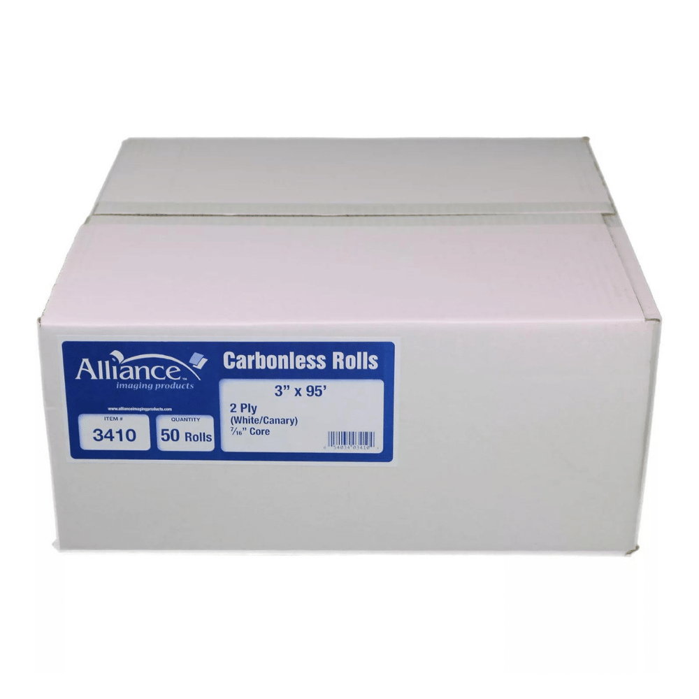 Alliance 2-Ply Carbonless Receipt Rolls, 3"x95', White/Canary, 50 Rolls