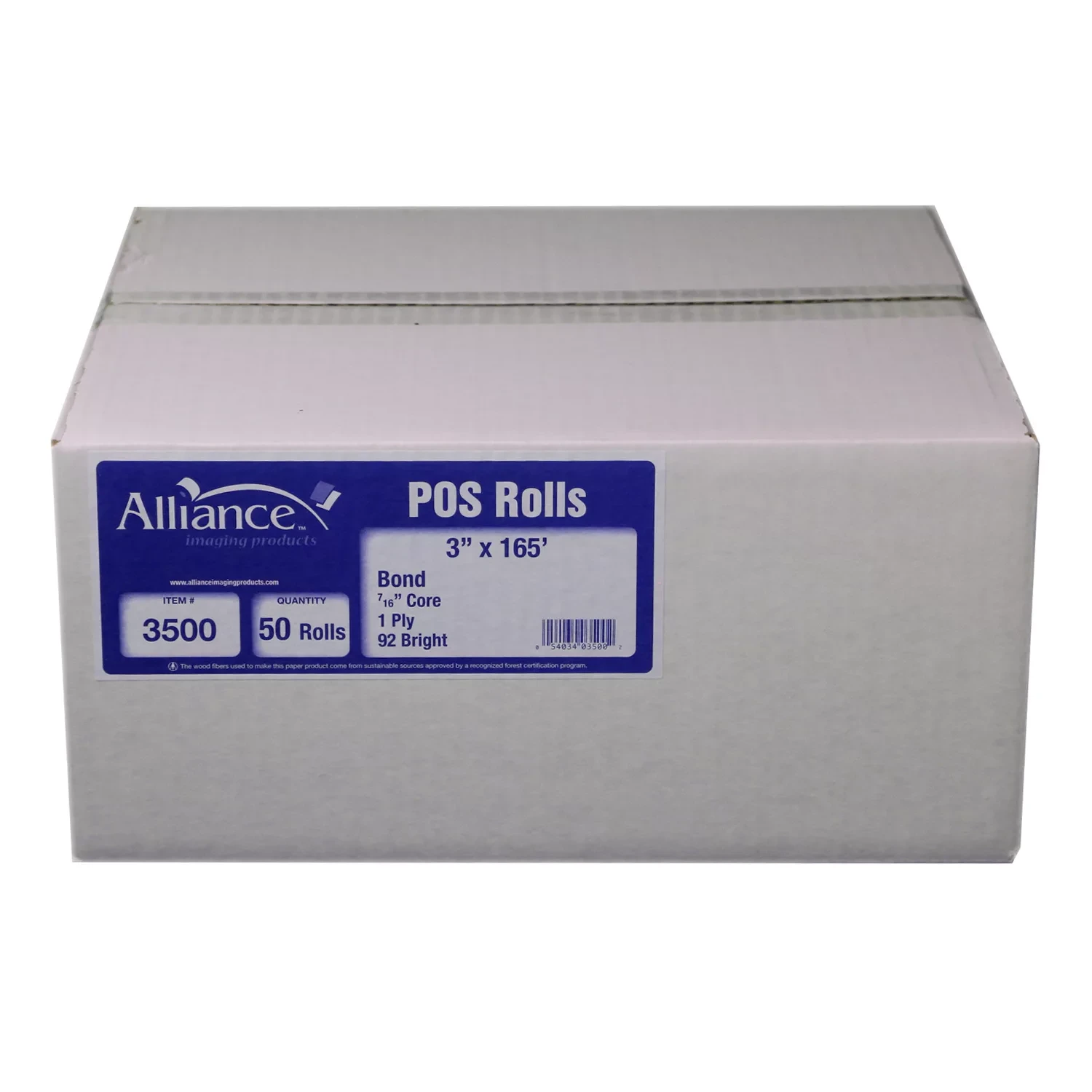 Alliance Bond Paper Receipt Rolls, 3"x165', 50 Rolls