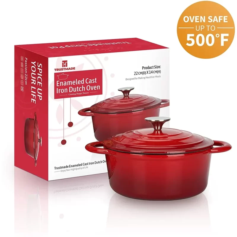 Trustmade 4.5 Qt. Cast Iron Dutch Oven, Enamel Coated Bread Baking Pot with Self Basting Lid, Red