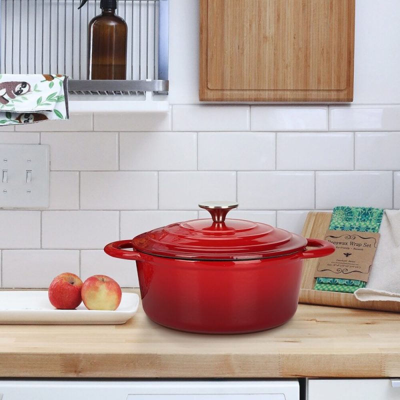 Trustmade 4.5 Qt. Cast Iron Dutch Oven, Enamel Coated Bread Baking Pot with Self Basting Lid, Red
