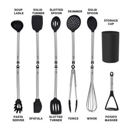 Kaluns Kitchen Utensils Set, Stainless Steel and Silicone, 12 Piece, Black