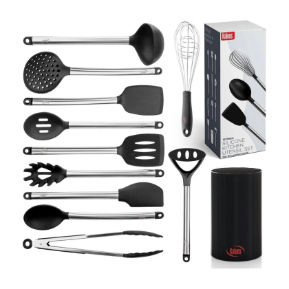Kaluns Kitchen Utensils Set, Stainless Steel and Silicone, 12 Piece, Black