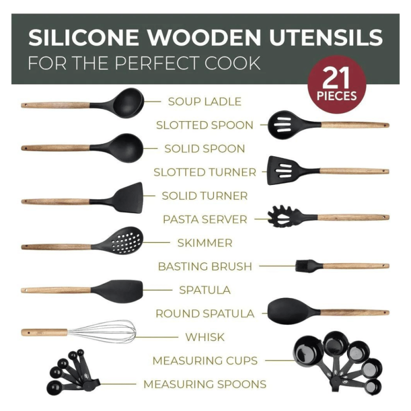 Kaluns Kitchen Utensils Set, 21 Wood and Silicone Cooking Utensils