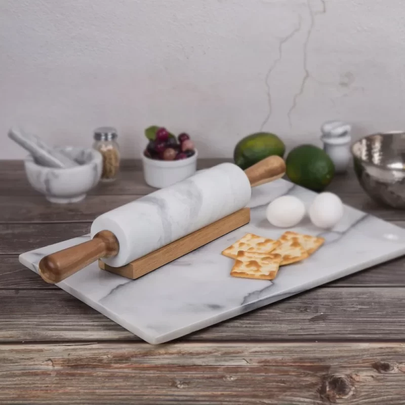 Creative Home Deluxe White Marble Rolling Pin with Acacia Wood Handles and Cradle