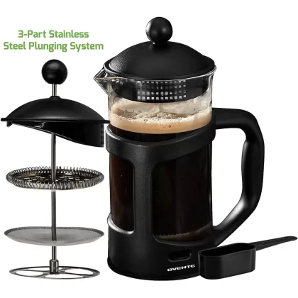 Ovente French Press Coffee Tea Maker 34 Oz Stainless Steel Filter, Black FPT34B