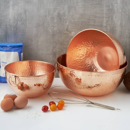 Solid Copper Stone Hammered Beating and Mixing Bowls, 3 Piece Set