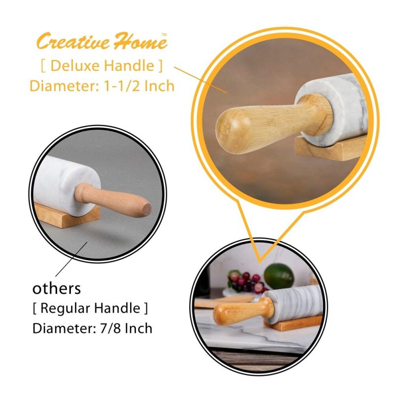 Creative Home Off-White Marble Rolling Pin w/Deluxe Wood Handles and Cradle