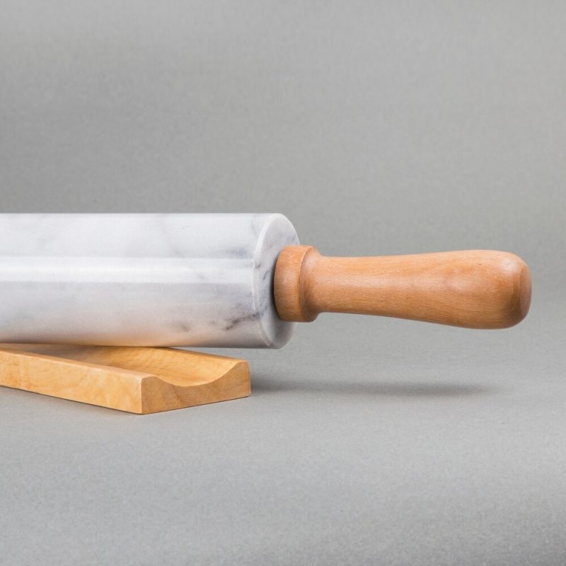 Creative Home Off-White Marble Rolling Pin w/Deluxe Wood Handles and Cradle