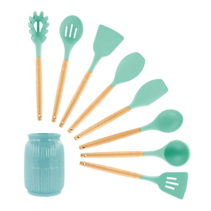 MegaChef Mint Green Silicone and Wood Cooking Utensils, Set of 9