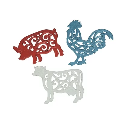Zeckos Set Of 3 Cast Iron Farm Animal Kitchen Trivets Wall Art Decor Rooster, 0.5 x 9.5 x 9 Inches