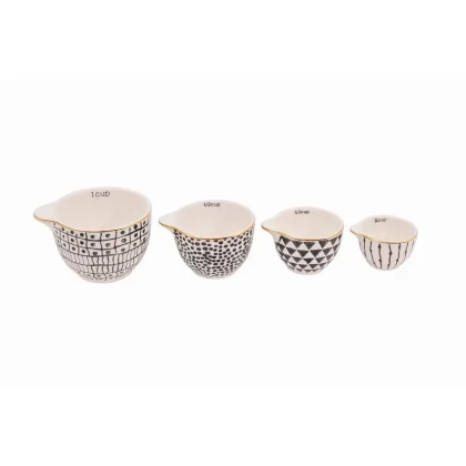 Creative Co-Op Black & White Stoneware Measuring Cups with Gold Electroplating (Set of 4 Sizes)