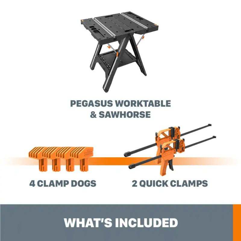 Worx Pegasus Multi-Function Work Table And Sawhorse With Quick Clamps And Holding Pegs – WX051