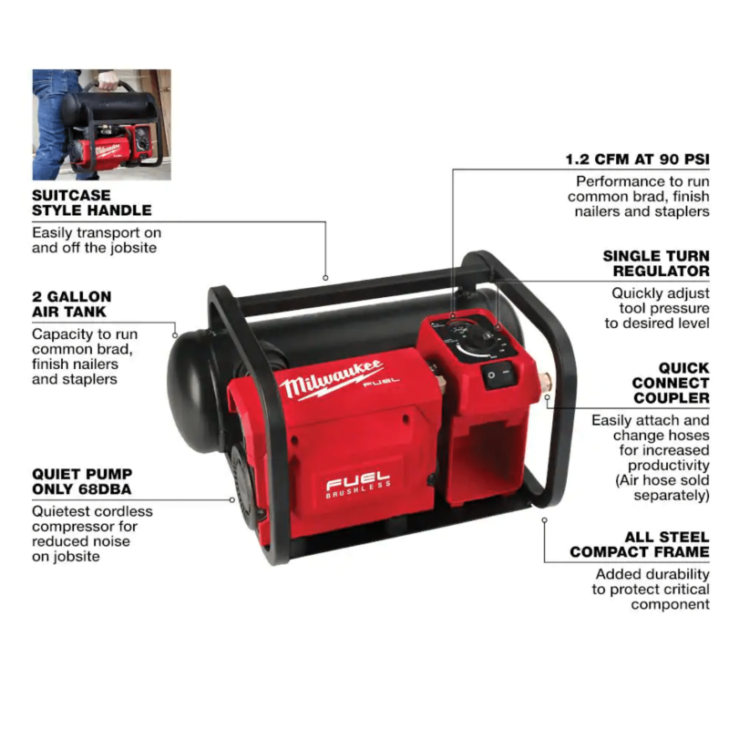 Milwaukee M18 Fuel 18-Volt Lithium-Ion Brushless Cordless 2 Gal. Electric Compact Quiet Compressor, Tool-Only (2840-20)