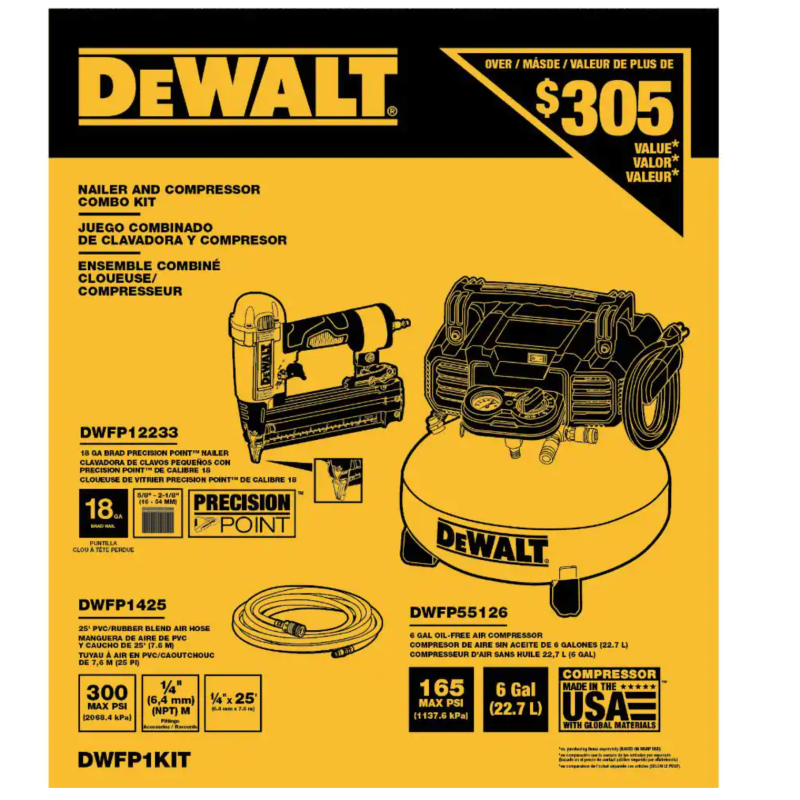 Dewalt 6 Gal. 18-Gauge Brad Nailer and Heavy-Duty Pancake Electric Air Compressor Combo Kit, 1-Tool (DWFP1KIT)