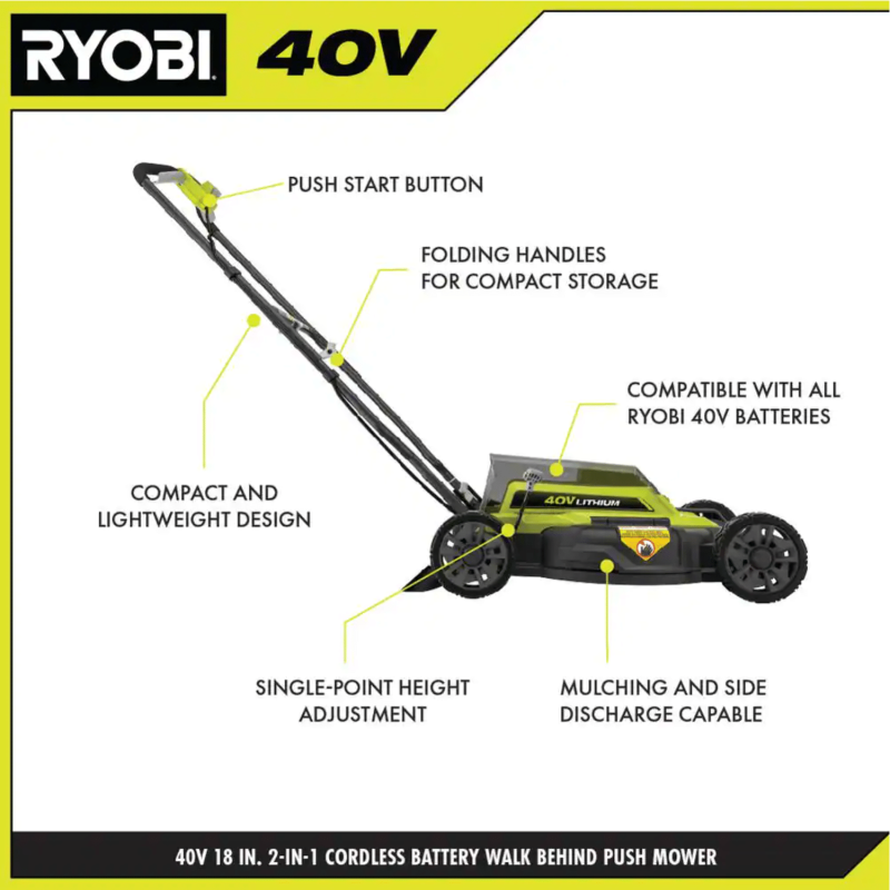 Ryobi 40V 18 in. 2-in-1 Cordless Battery Walk Behind Push Lawn Mower, RY401100