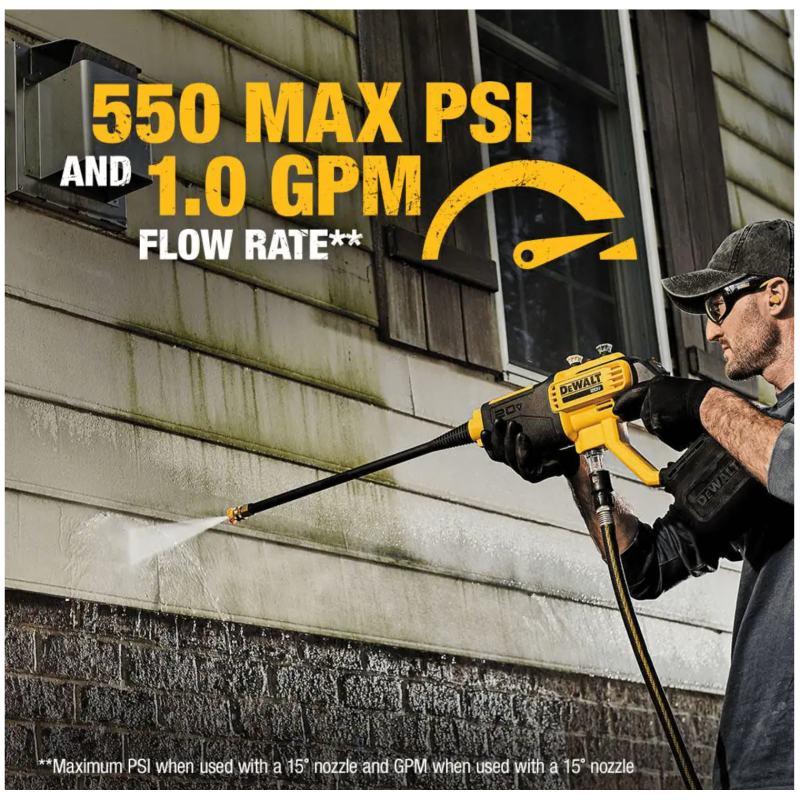 Dewalt 550PSI, 1.0GPM Cold Water Cordless Electric Power Cleaner with 20V 5.0Ah Battery, Charger and Tool Bag