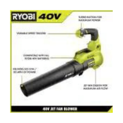 Ryobi 40V 110MPH 525CFM Cordless Battery Variable-Speed Jet Fan Leaf Blower, RY40480VNM