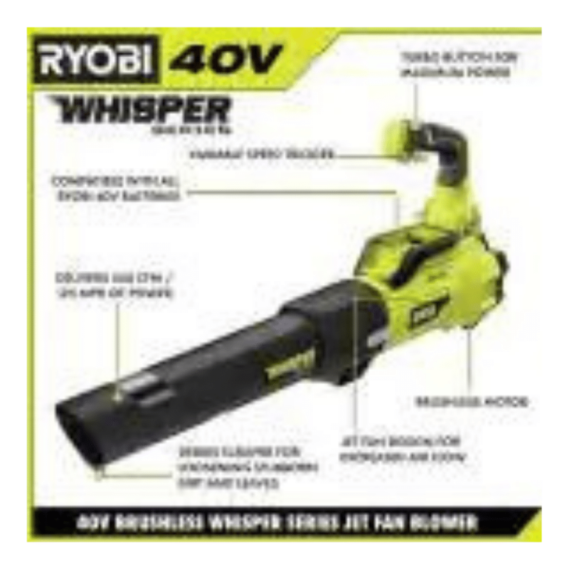 Ryobi 40V Brushless 125 MPH 550 CFM Cordless Battery Whisper Series Jet Fan Blower, RY40470VNM