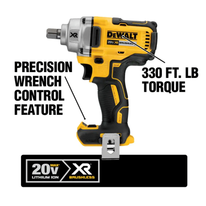 Dewalt 20Vt Max XR Cordless Brushless 1/2 in. Mid-Range Impact Wrench with Detent Pin Anvil, Tool-Only (DCF894B)