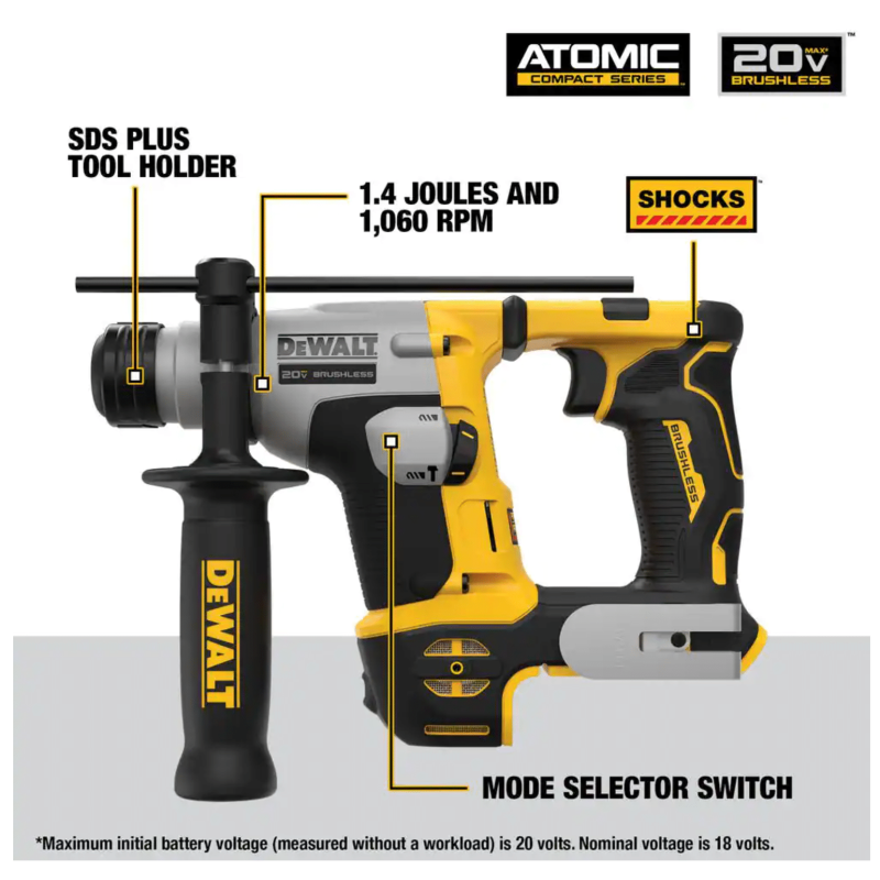 Dewalt Atomic 20-Volt Max Cordless Brushless Ultra-Compact 5/8 in. SDS + Hammer Drill, Tool-Only (DCH172B)