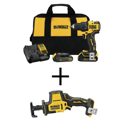 Dewalt Atomic 20V Max Cordless Brushless Compact 1/2 in. Drill/Driver, (2) 20-Volt 1.3Ah Batteries & Reciprocating Saw (DCD708C2W369B)
