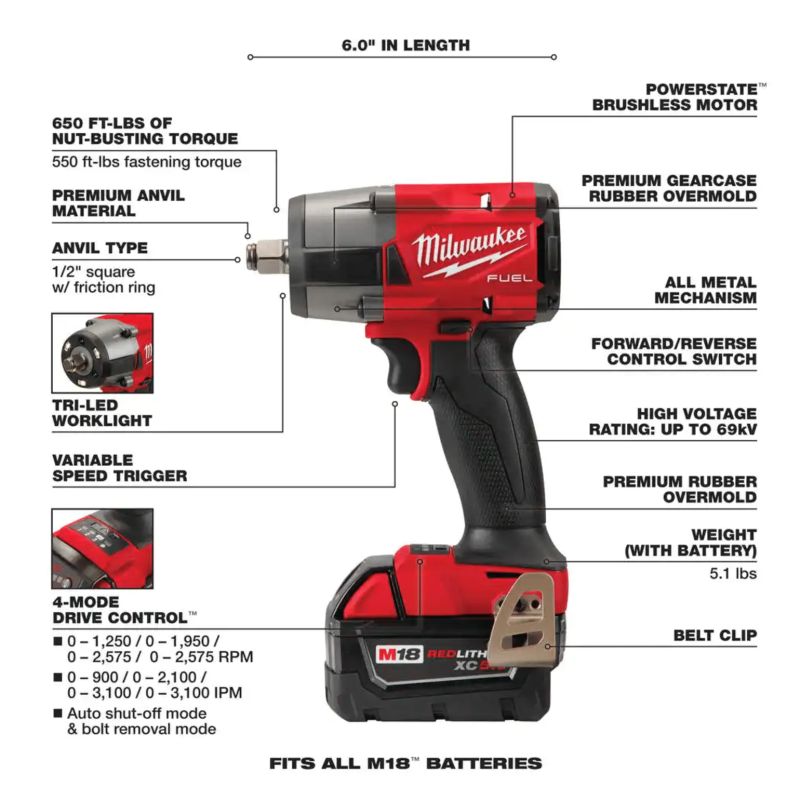 Milwaukee M18 Fuel Gen-2 18-Volt Lithium-Ion Brushless Cordless Mid Torque 1/2 in. Impact Wrench with 5.0 Ah Battery (2962-20-48-11-1850)