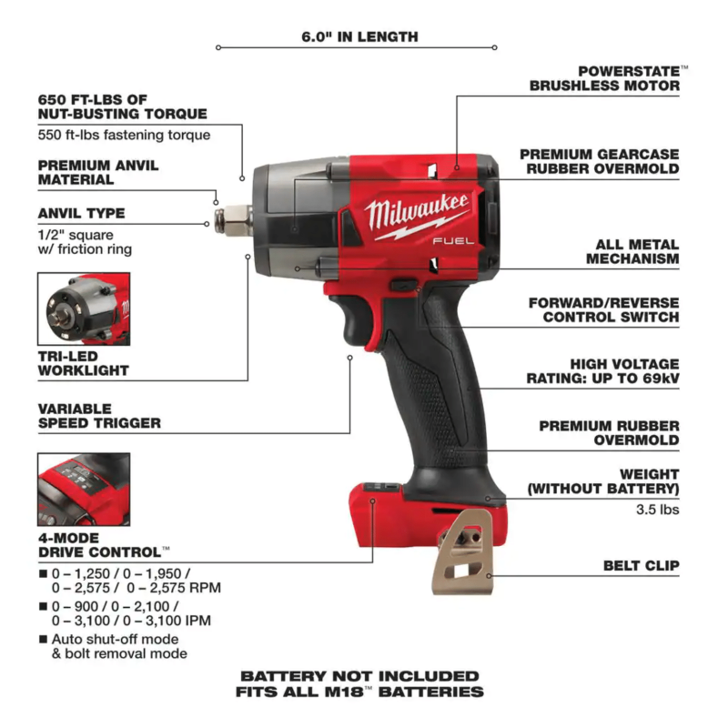 Milwaukee M18 Fuel Gen-2 18VLithium-Ion Brushless Cordless Mid Torque 1/2 in. Impact Wrench with Friction Ring & with Boot (2962-20-49-16-2960)