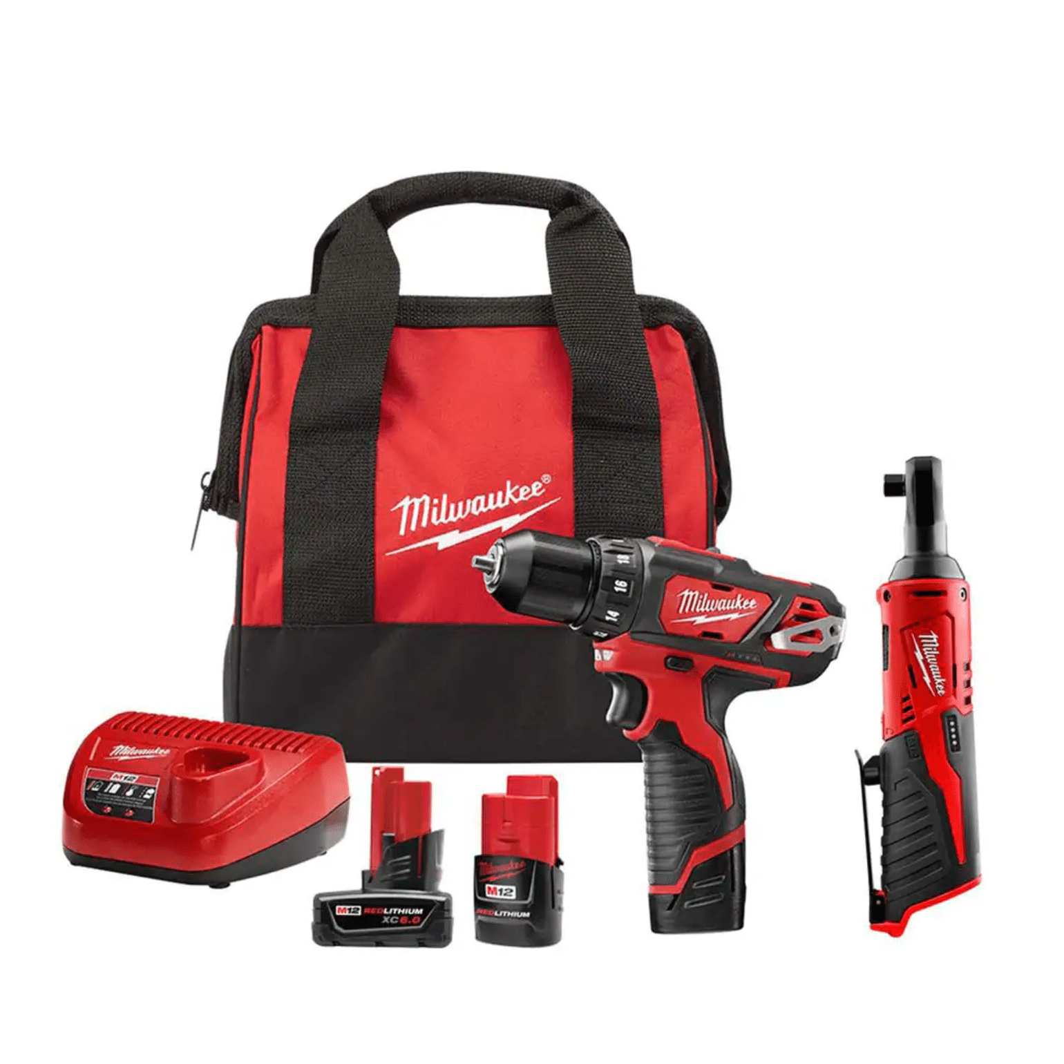 Milwaukee M12 12V Lithium-Ion Cordless 3/8 in. Drill/Driver Kit with M12 3/8 in. Ratchet and 6.0 Ah XC Battery Pack (2407-22-2457-20-48-11-2460)