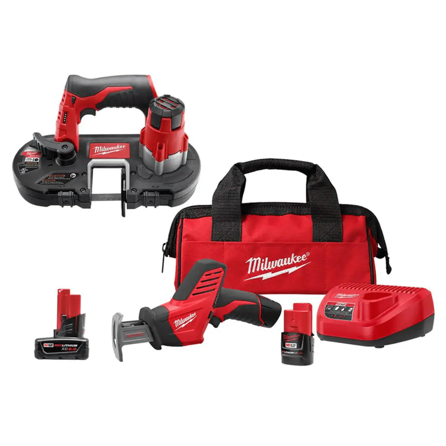 Milwaukee M12 12V Lithium-Ion HACKZALL Cordless Reciprocating Saw Kit w/ M12 Sub-Compact Band Saw & 6.0Ah XC Battery Pack