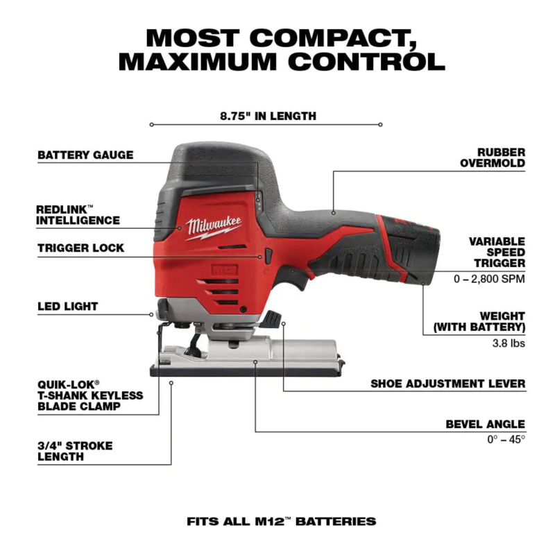 Milwaukee M12 12V Lithium-Ion Cordless Jig Saw with M12 3/8 in. Ratchet & 6.0 Ah XC Battery Pack (2445-20-2457-20-48-11-2460)