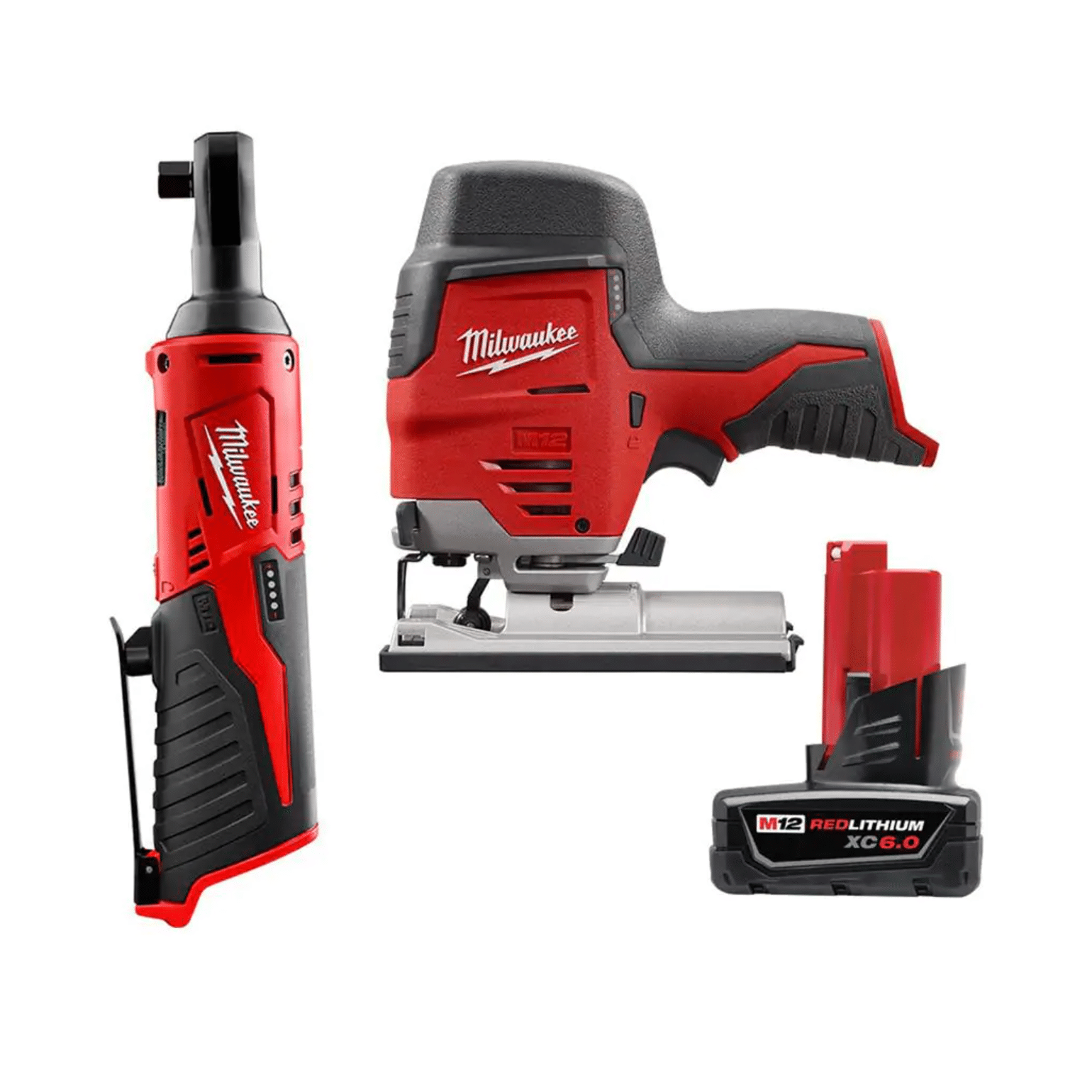 Milwaukee M12 12V Lithium-Ion Cordless Jig Saw with M12 3/8 in. Ratchet & 6.0 Ah XC Battery Pack (2445-20-2457-20-48-11-2460)