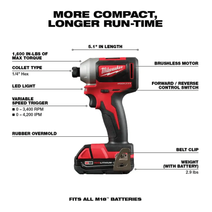 Milwaukee M18 18V Lithium-Ion Brushless Cordless Compact Drill/Impact Combo Kit (2-Tool) W/ 6-1/2 in. Circular Saw (2892-22CT-2630-20)