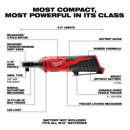 Milwaukee M12 12VLithium-Ion Cordless 3/8 in. Ratchet with M12 Variable Speed Polisher/Sander & 6.0 Ah XC Battery Pack (2457-20-2438-20-48-11-2460)