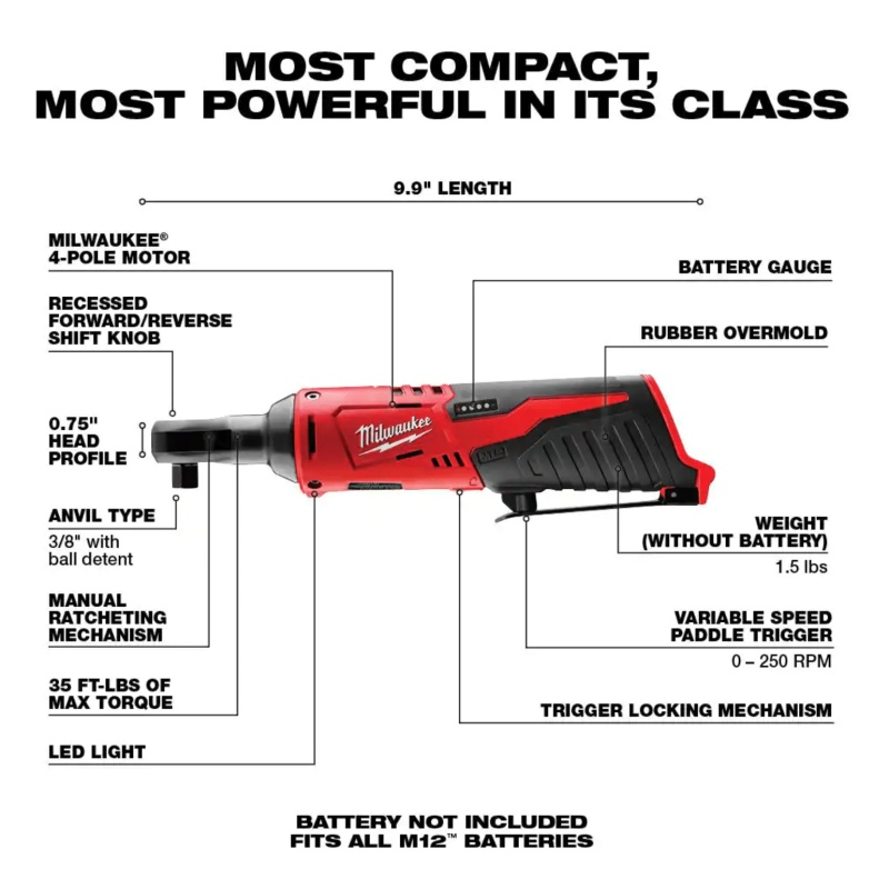 Milwaukee M12 12VLithium-Ion Cordless 3/8 in. Ratchet with M12 Variable Speed Polisher/Sander & 6.0 Ah XC Battery Pack (2457-20-2438-20-48-11-2460)