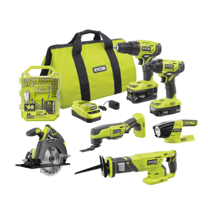 Ryobi One+ 18V Cordless 6-Tool Combo Kit with (2) Batteries, Charger, Bag & Drill and Impact Drive Kit (65-Piece) (P1819-A986501)
