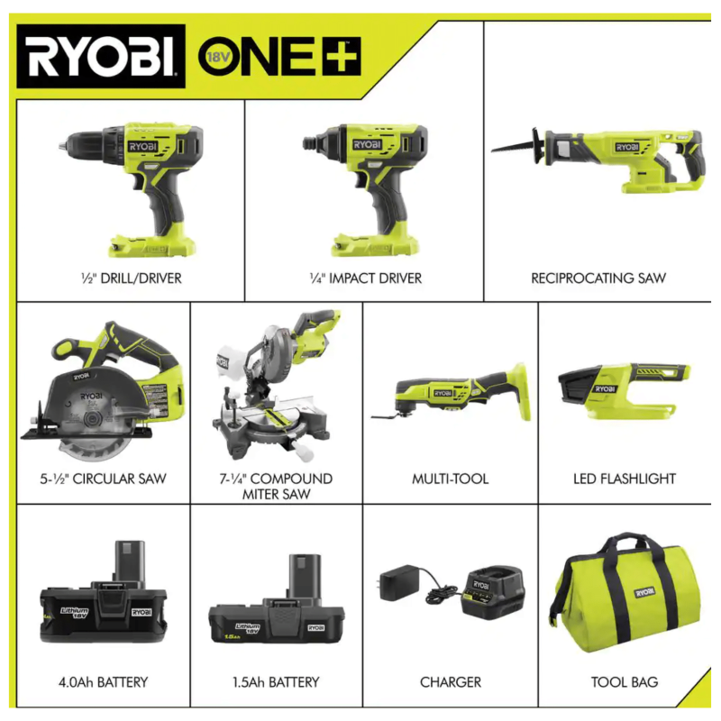 Ryobi One+ 18V Cordless 6-Tool Combo Kit with 7-1/4 Miter Saw, (2) Batteries, Charger & Bag (P1819-P553)