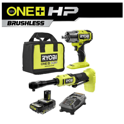 Ryobi One+ HP 18V Brushless Cordless 2-Tool Auto Kit with 3/8 in. Ratchet, 1/2 in. Impact Wrench, 2.0Ah Battery & Charger (PBLCK12K1)