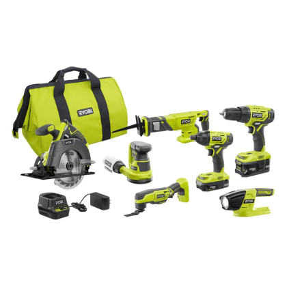 Ryobi One+ 18V Cordless 6-Tool Combo Kit with (2) Batteries, Charger, Bag with 5 in. Random Orbit Sander (P1819-P411)