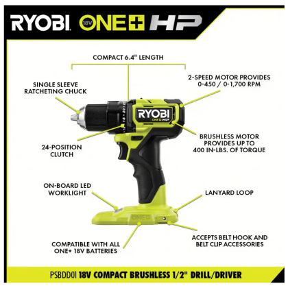 Ryobi One+ HP 18V Brushless Cordless Combo Kit (6-Tool) with (2) 1.5 Ah Batteries, Charger & Bag (PSBCK06K)