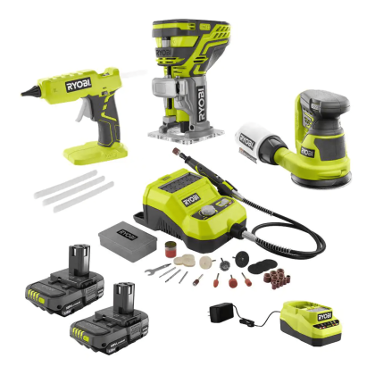 Ryobi One+ 18V Cordless 4-Tool Hobby Compact Kit with (2) 1.5 Ah Batteries and Charger (PCL1401K2N)