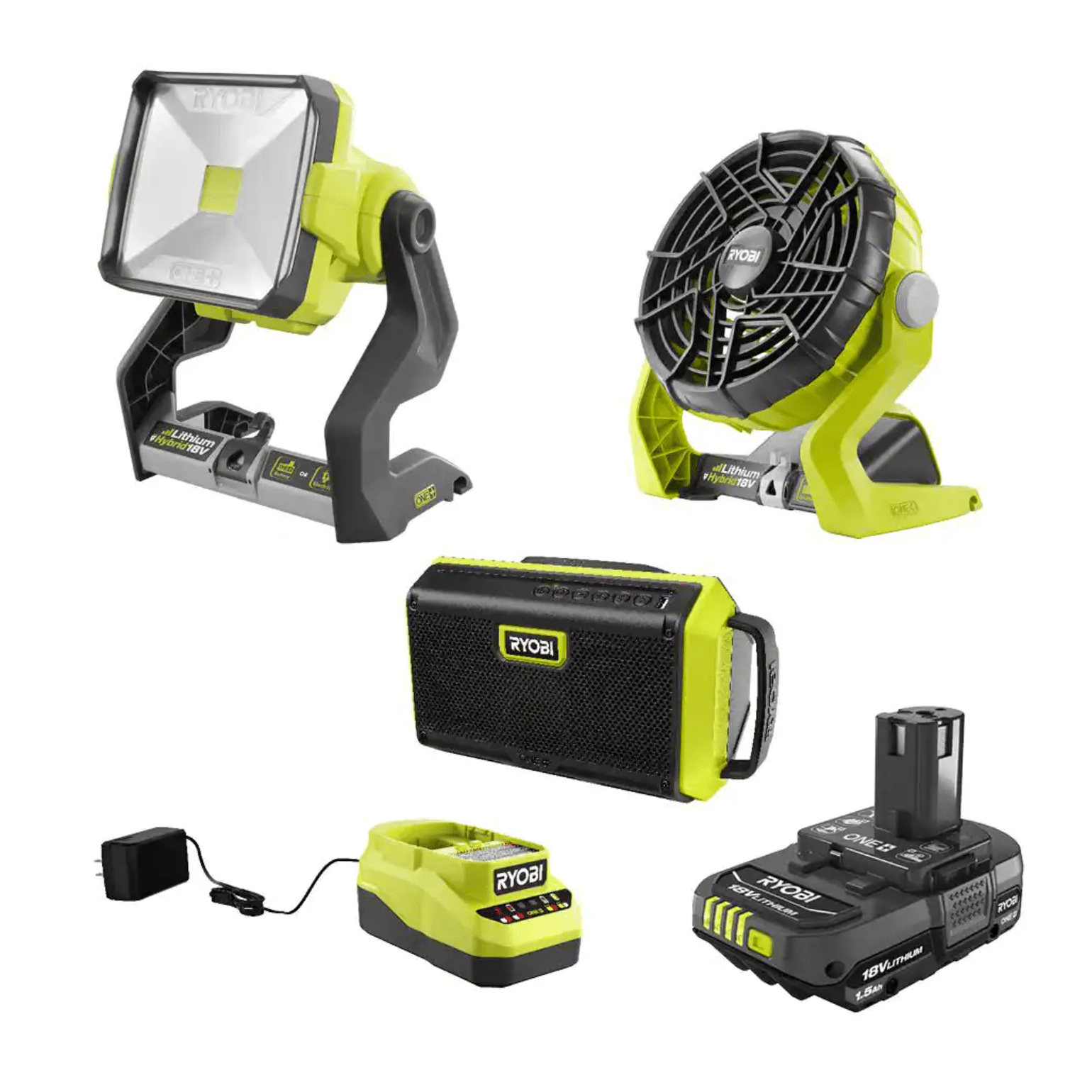 Ryobi One+ 18V Cordless 3-Tool Campers Combo Kit with Work Light, Speaker, Fan, 1.5 Ah Battery & Charger (PCL1304K1N)