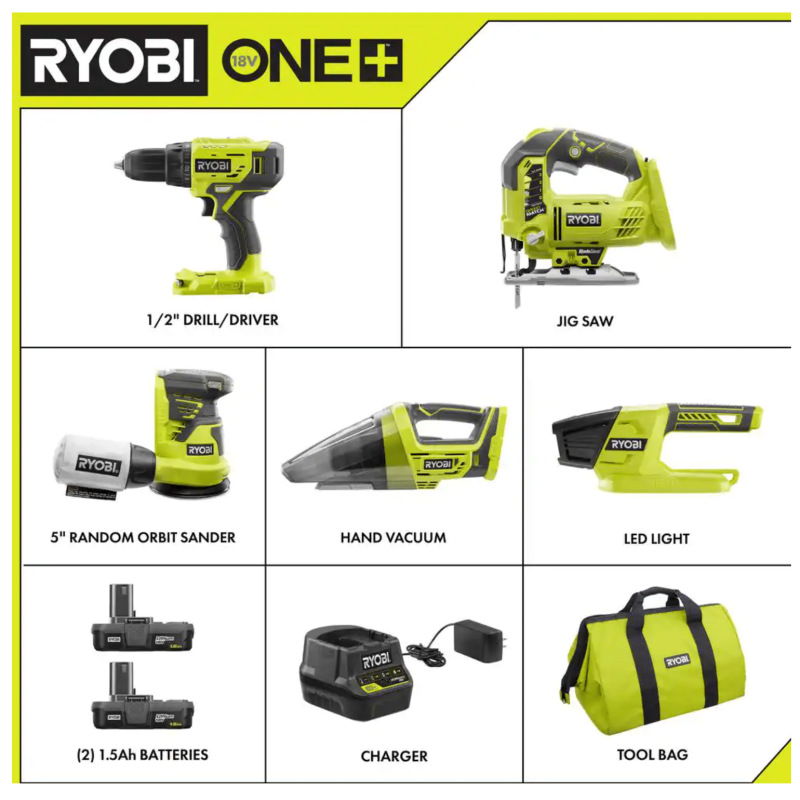 Ryobi One+ 18V Cordless 5-Tool Combo Kit with (2) 1.5 Ah Batteries, 18V Charger & Bag (PCK311KN)